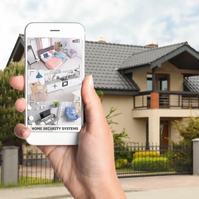 Atlanta vivint phone display of cctv live feed in front of a house